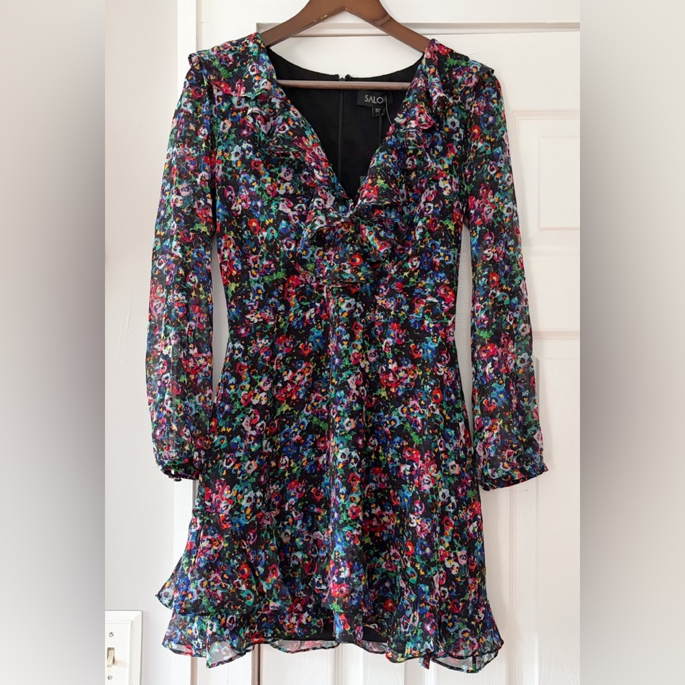 Saloni Jodie Silk Georgette Dress Jewel Rosette Floral Mini V-Neck Long Sleeve 6 - Picture 3 of 9